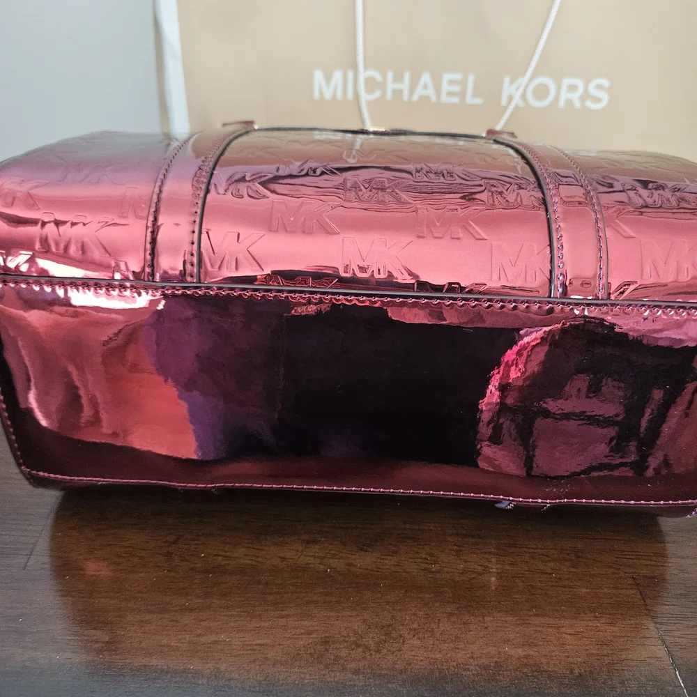 Michael Kors Metallic Rose Pink MK-Embossed Satchel - Picture 10 of 13